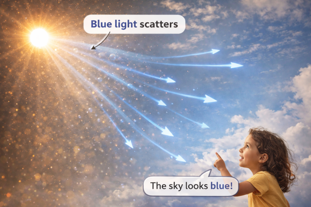 Why is the sky blue – sunlight hitting air particles and blue light scattering

