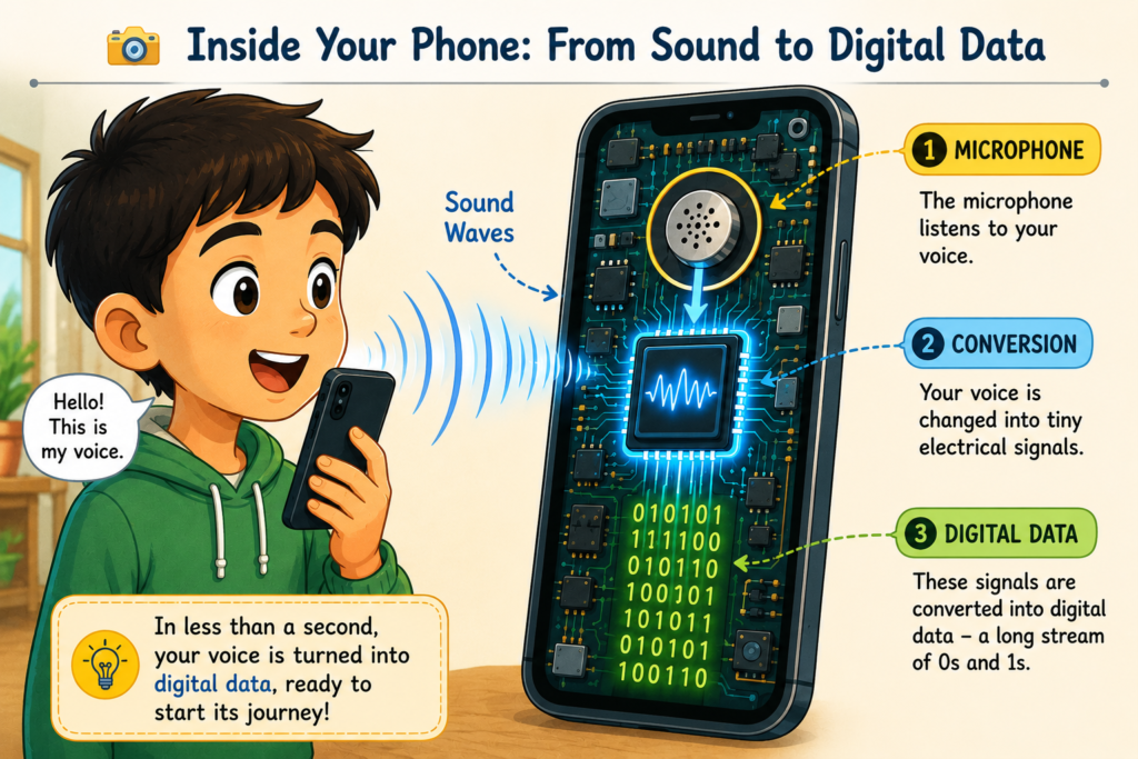 Illustration showing a child speaking into a mobile phone as sound waves enter the microphone, where the voice is converted into electrical signals and digital data (0s and 1s) before beginning its journey through the mobile network.