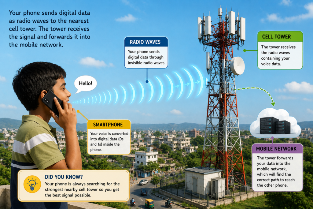 Illustration showing a smartphone sending digital voice data as radio waves through the air to the nearest cell tower, where the signal begins its journey through the mobile network.