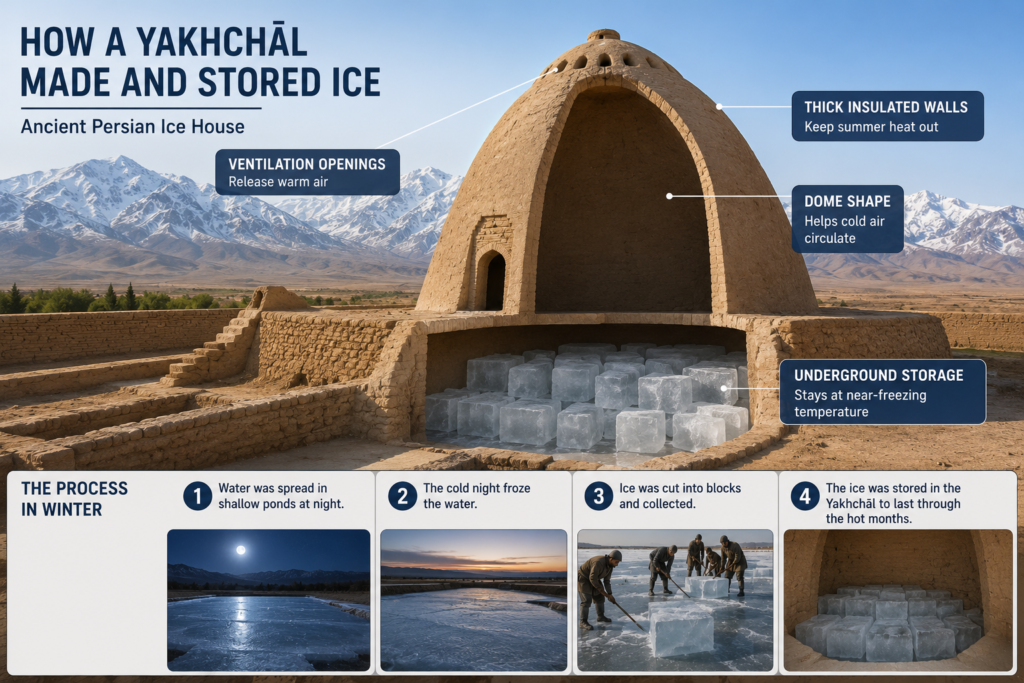 Ancient Persian yakhchal showing how ice was made and stored underground