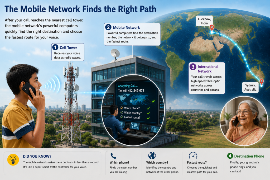 Illustration showing a cell tower sending digital voice data into the mobile network, where computers and routers analyse the destination phone number and choose the fastest route for the call.