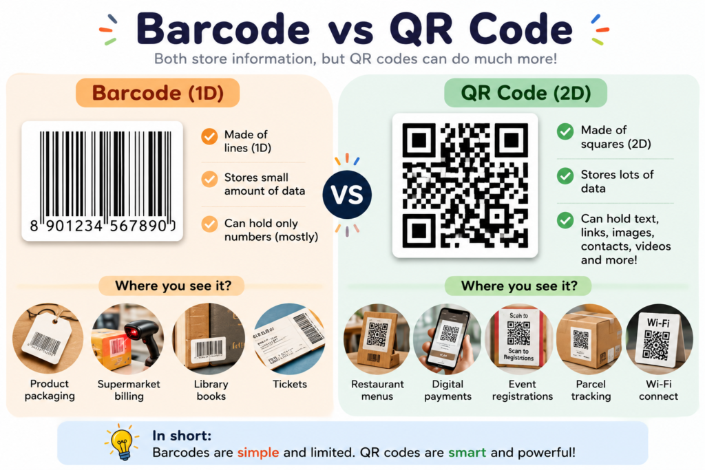 Comparison of a traditional barcode and a QR code showing how they store information