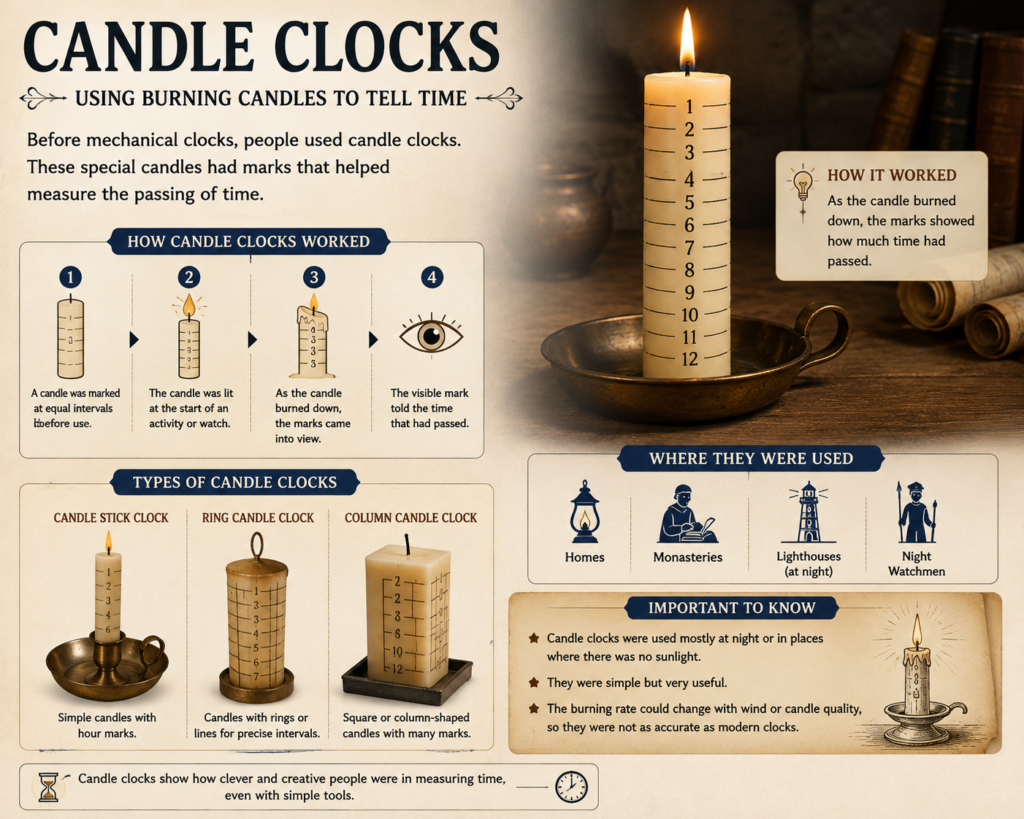 Ancient candle clock with marked intervals showing how burning candles measured time