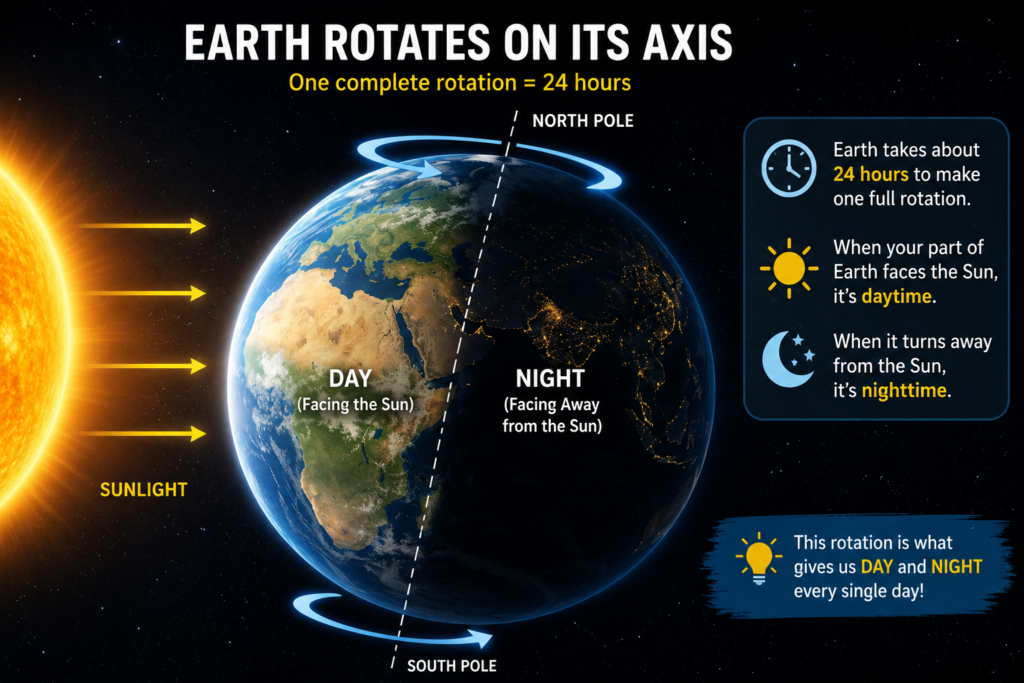 Earth rotating on its axis and causing day and night