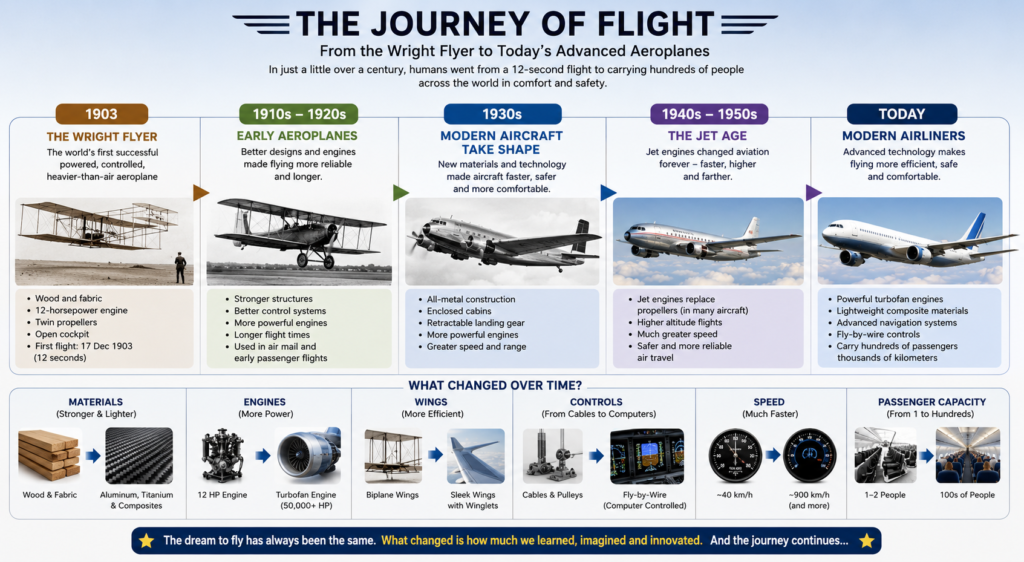 Timeline showing the evolution of aeroplanes from the 1903 Wright Flyer to modern passenger airliners