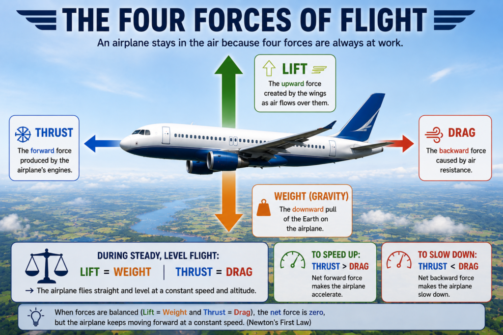 Four forces of flight showing lift, thrust, drag and weight acting on an aeroplane