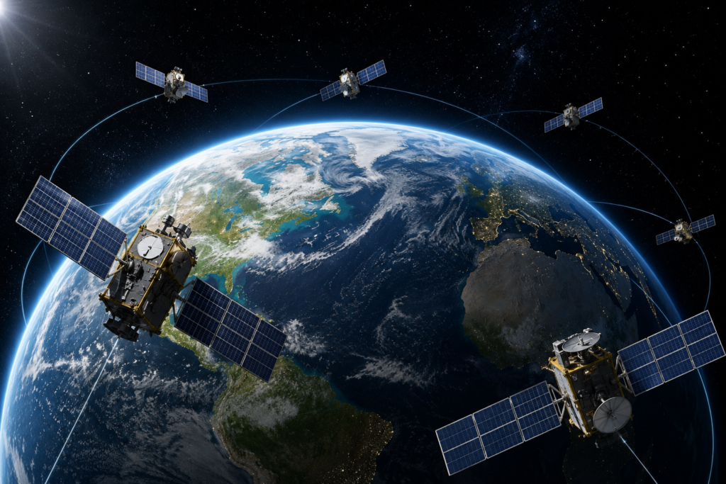 GPS satellites orbiting Earth and sending signals for location tracking
