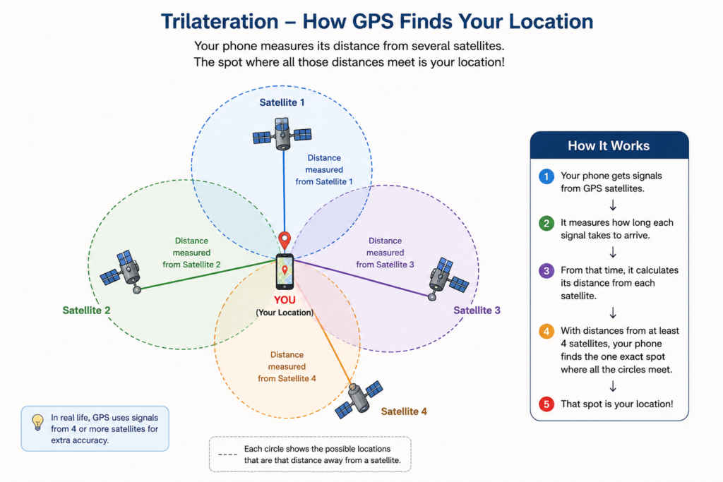 GPS trilateration showing how multiple satellites help determine your location