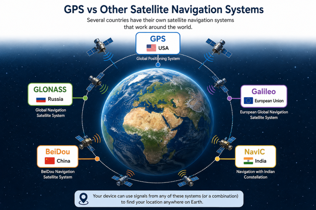 GPS, GLONASS, Galileo, BeiDou and NavIC satellite navigation systems around Earth