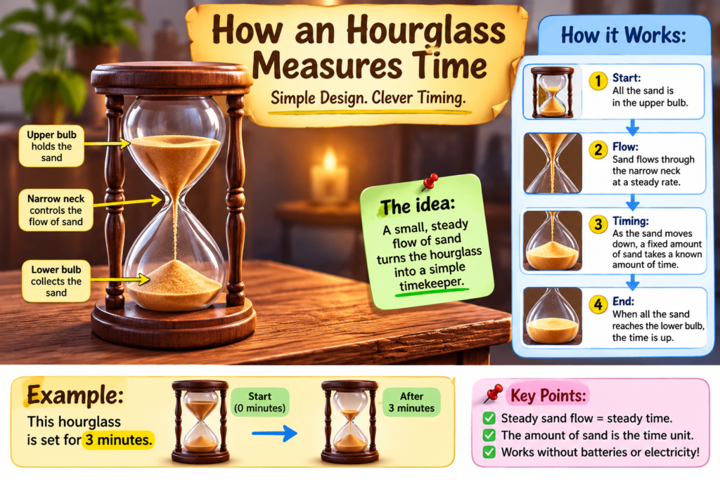 How an hourglass measures time as sand flows through its narrow neck