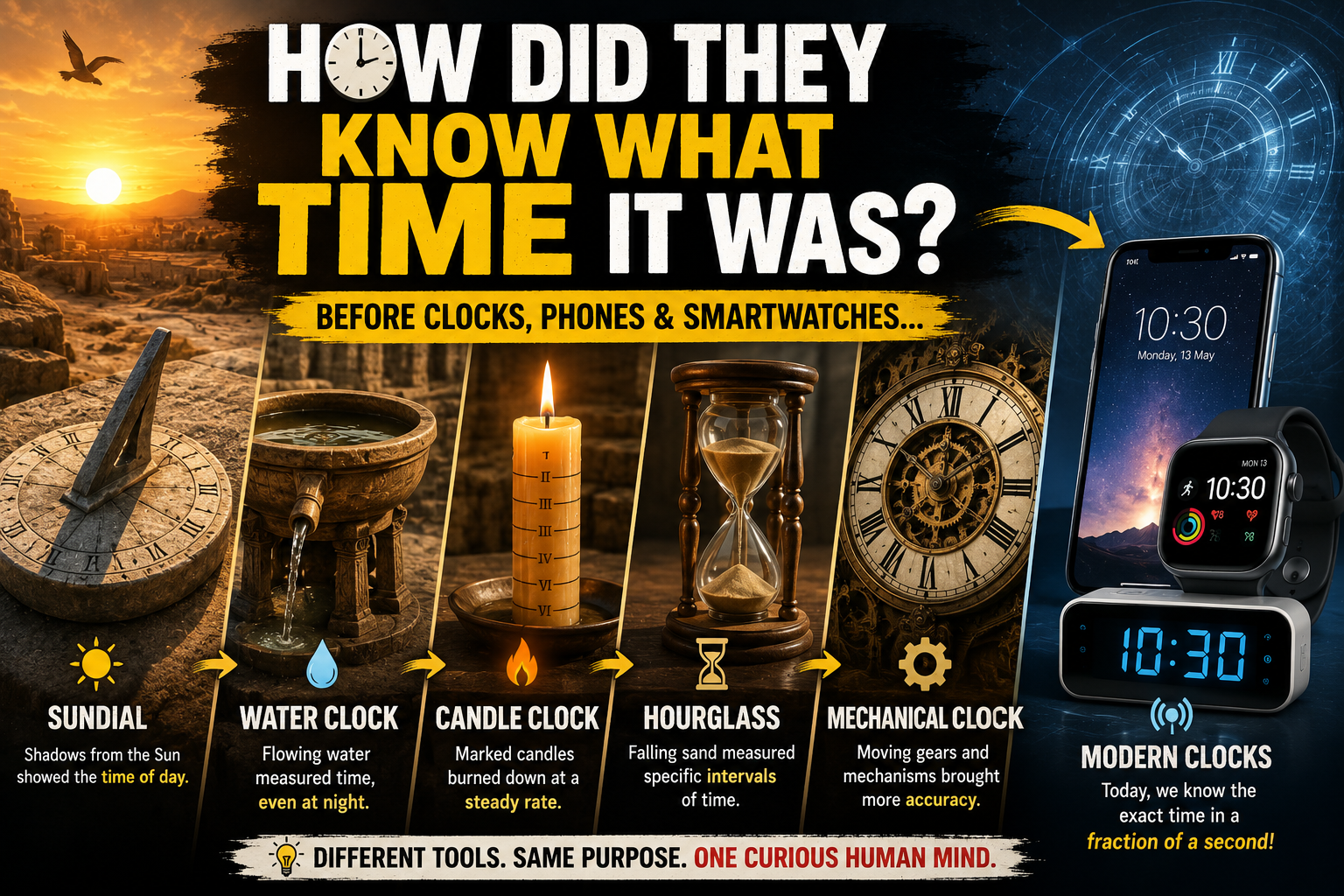 How did people tell time before clocks using sundials, water clocks and hourglasses