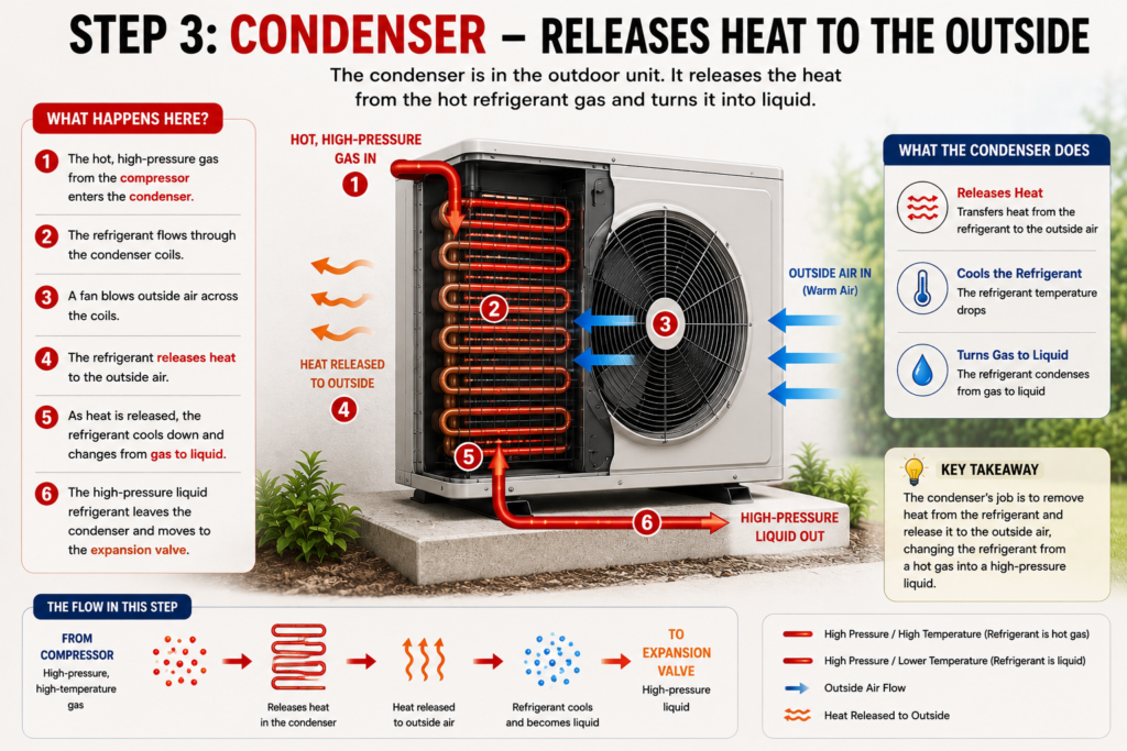 How does AC work? Condenser releases heat outside