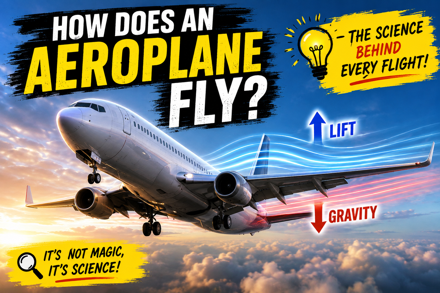 How does an aeroplane fly explained with lift, thrust, drag and gravity
