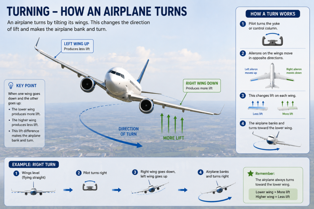 Aeroplane banking during a turn showing ailerons, lift and direction of turn