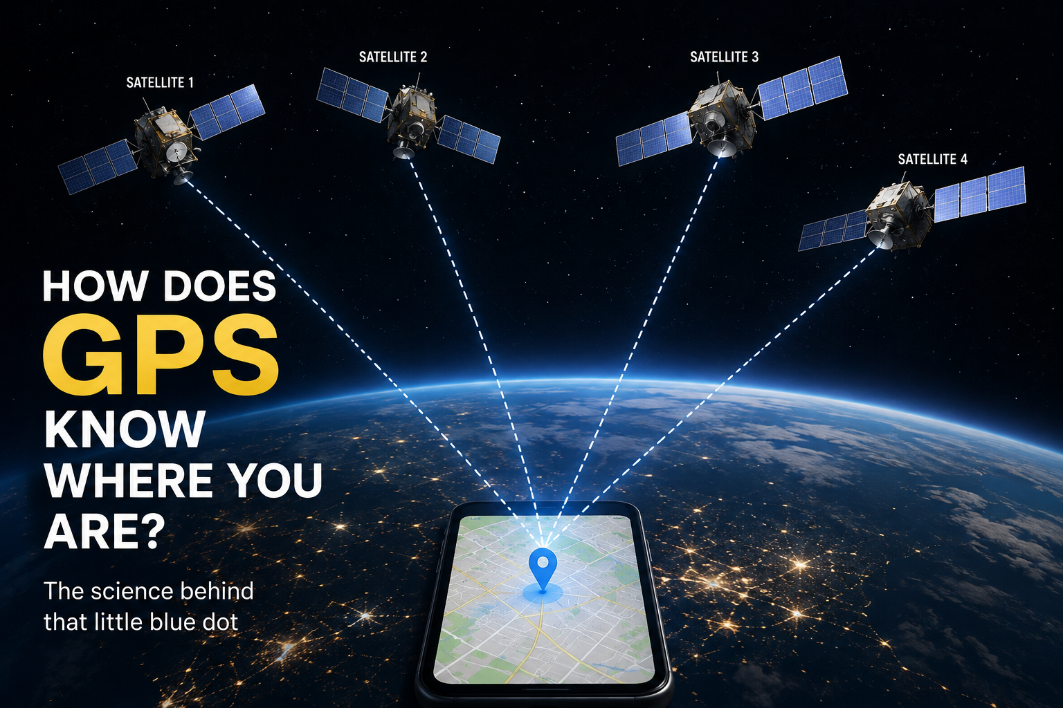 How does GPS Know Exactly Where You Are? Four GPS satellites sending signals to a smartphone to determine its location