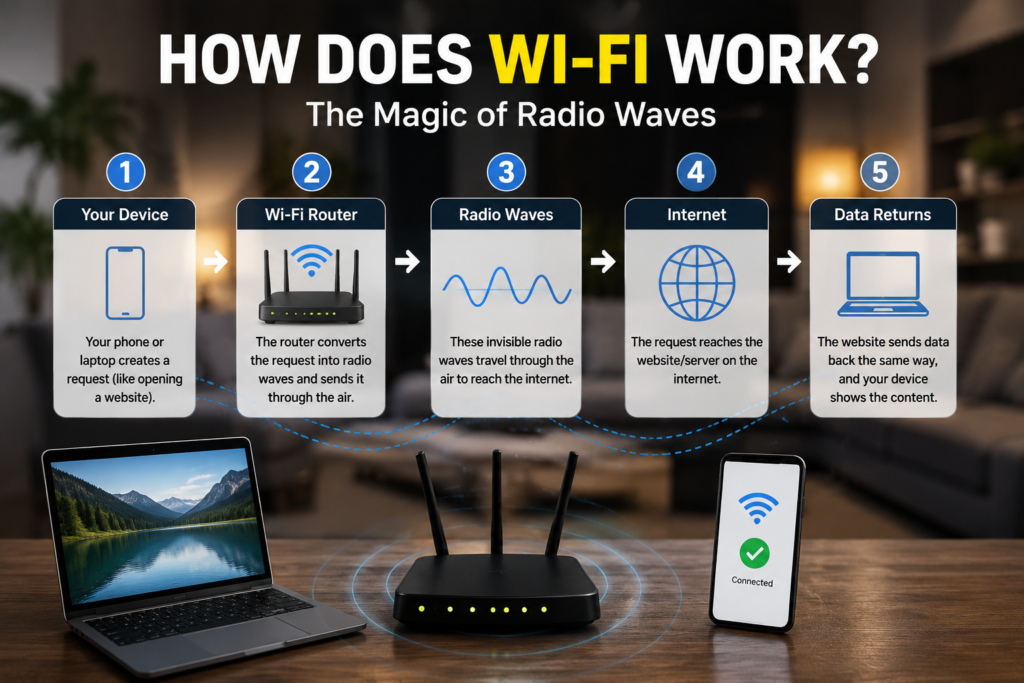 How does Wi-Fi work using radio waves between a device and router