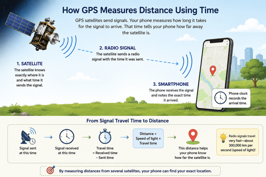 How GPS measures distance using the time taken for a signal to travel from a satellite to a smartphone