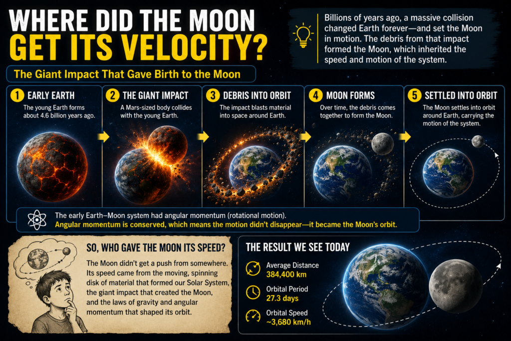 Illustration showing the giant impact that formed the Moon and the development of its orbital motion around Earth