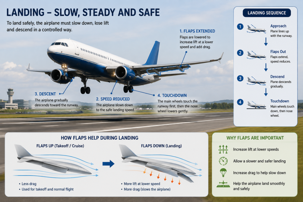 Aeroplane landing with flaps extended showing approach, descent and touchdown