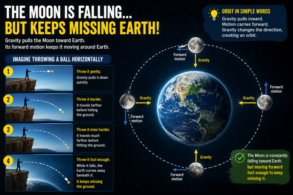 Diagram showing Earth’s gravity pulling the Moon inward while its forward motion keeps it in orbit