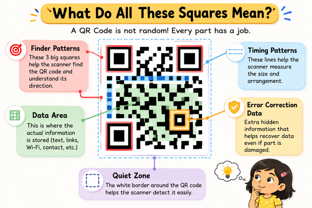 Parts of a QR code showing finder patterns, timing patterns, data area and error correction