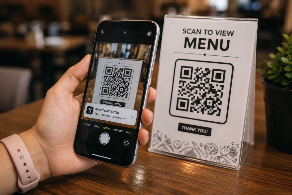 Smartphone scanning a QR code to view a restaurant menu