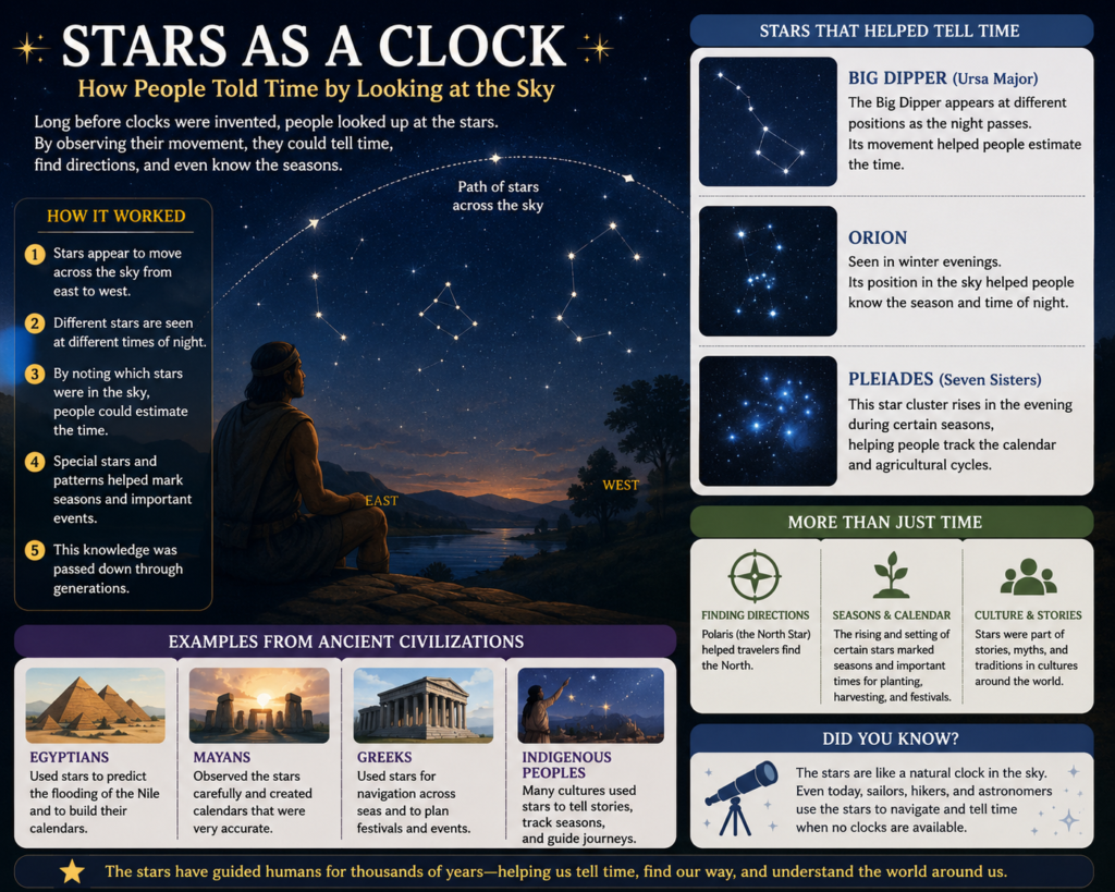 Stars used as a natural clock to estimate time by observing their movement across the night sky