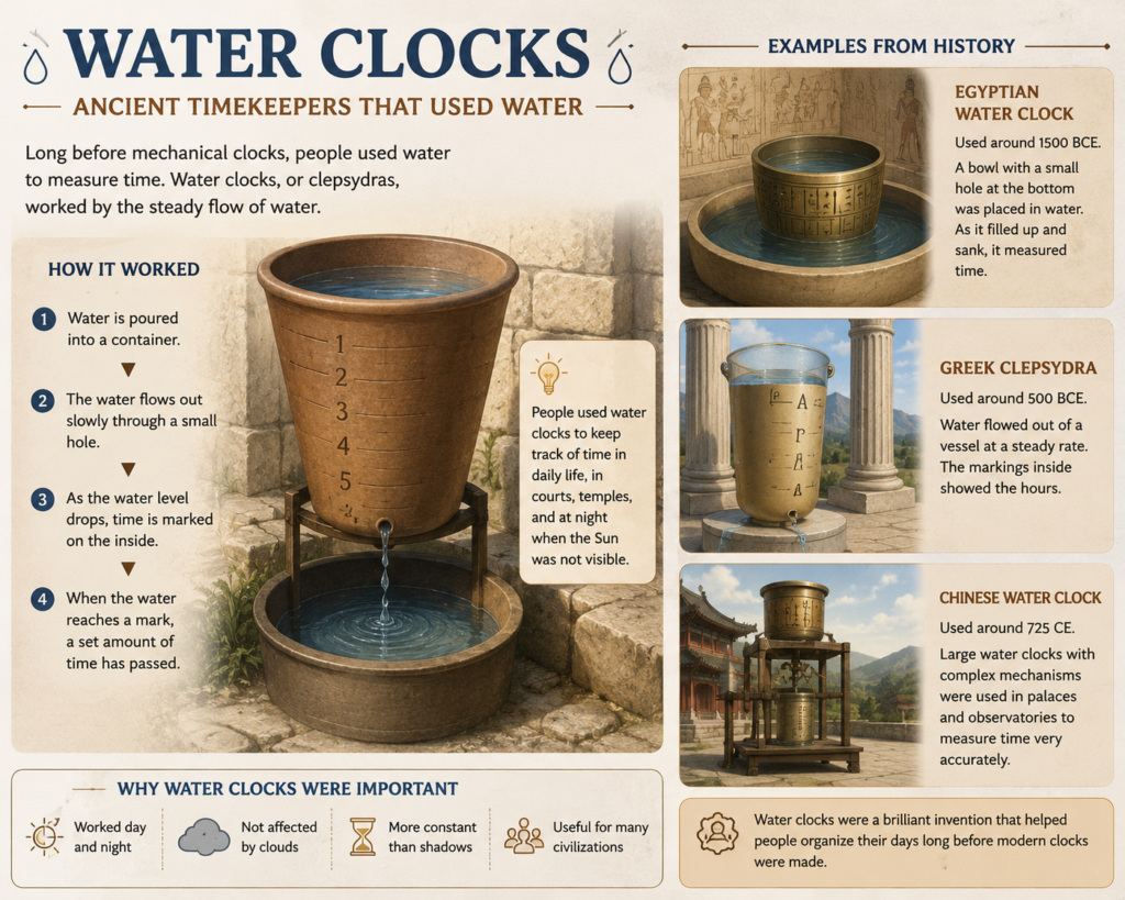 Ancient water clock measuring time as water flows through a marked vessel