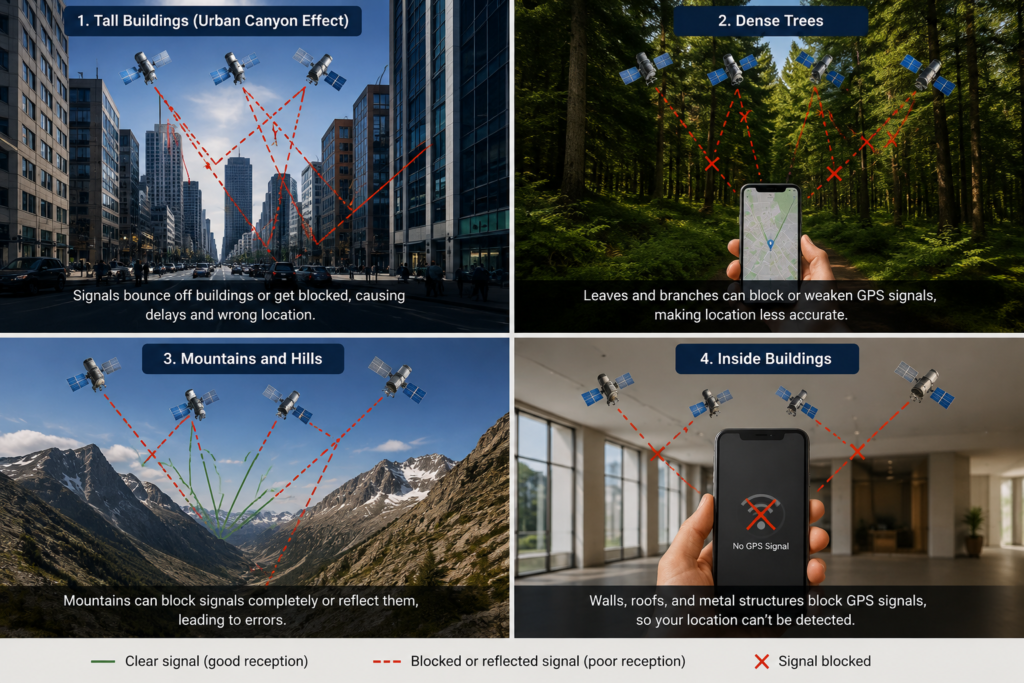 Why GPS can sometimes be wrong due to tall buildings, dense trees, mountains and indoor spaces