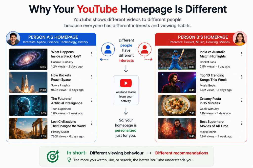 Different YouTube homepages based on users’ interests and viewing habits