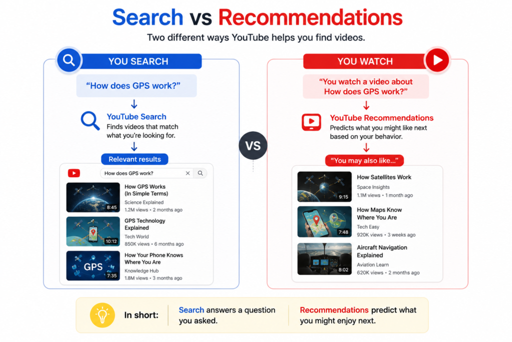 Comparison of YouTube Search and recommendations