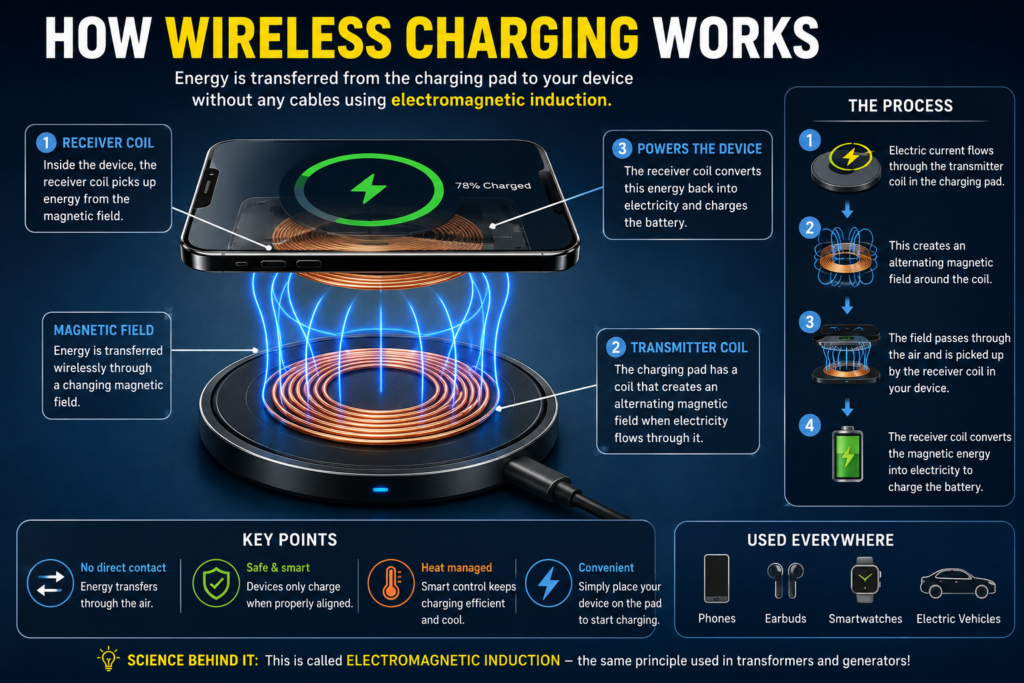 How wireless charging works using transmitter and receiver coils and electromagnetic induction