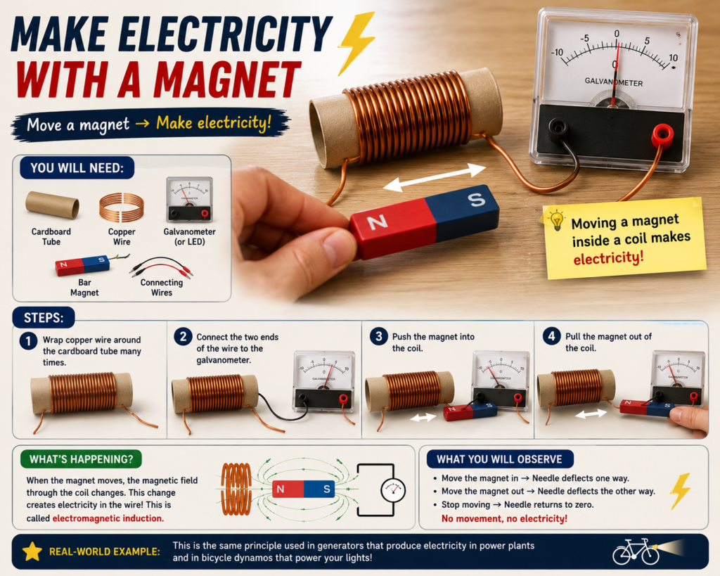 Electromagnetic induction experiment using a magnet, copper wire coil, and LED