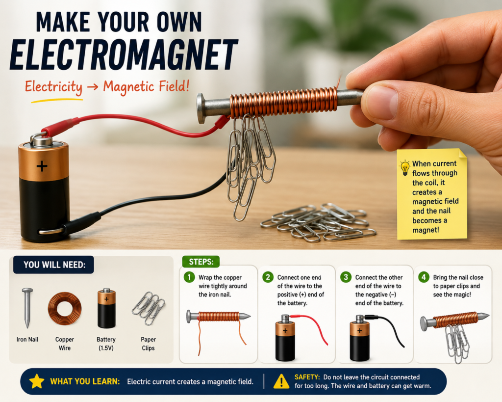 Simple electromagnet experiment using a battery, copper wire, iron nail, and paper clips
