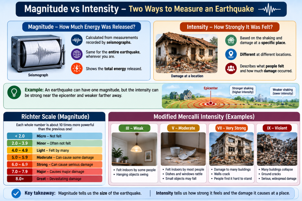 Effects of an earthquake including building damage, landslides, tsunamis and ground cracks