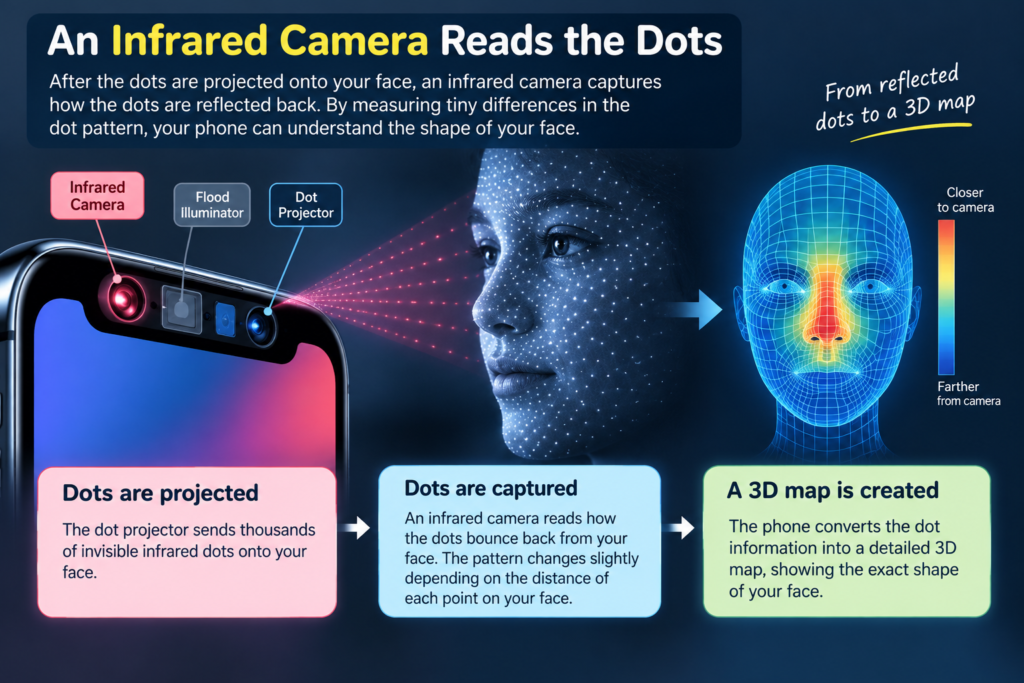 Infrared camera reads Face ID dots to create a 3D map of the face