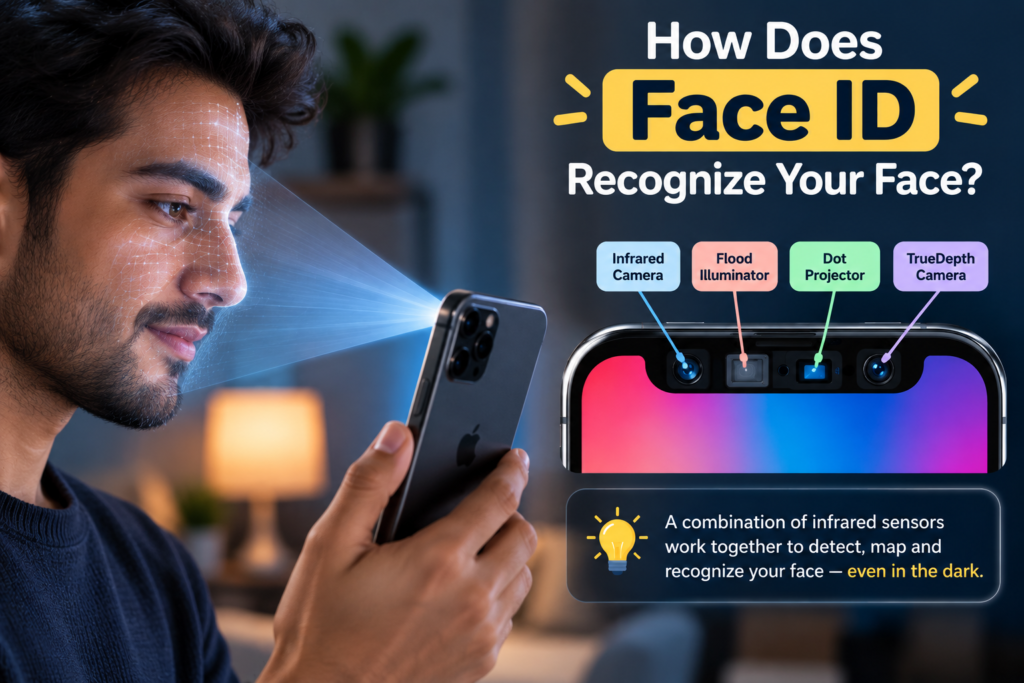 Face ID infrared sensors and TrueDepth camera components in a smartphone