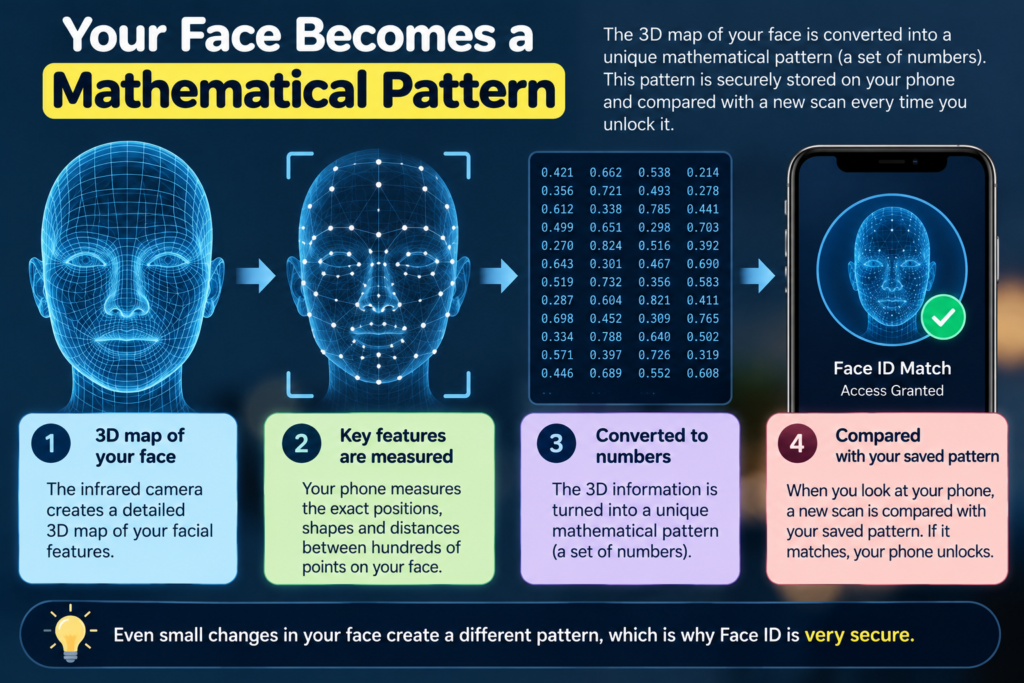 Face ID converts a 3D face map into a mathematical pattern for recognition