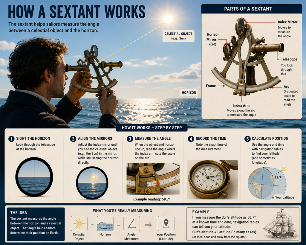 How a sextant works to measure the angle between the Sun and horizon for navigation