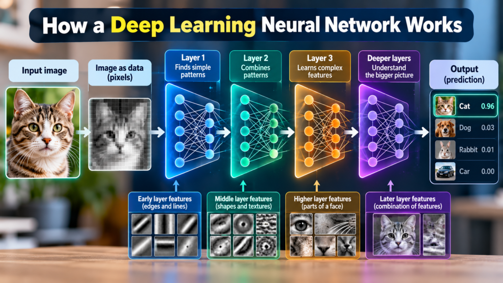 Infographic showing how a deep learning neural network processes an image through multiple layers to make a prediction