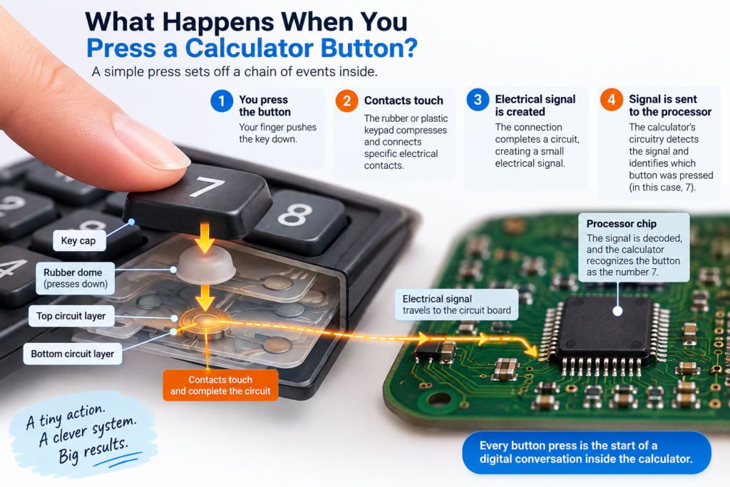 How does a calculator work when a button press creates an electrical signal sent to the processor