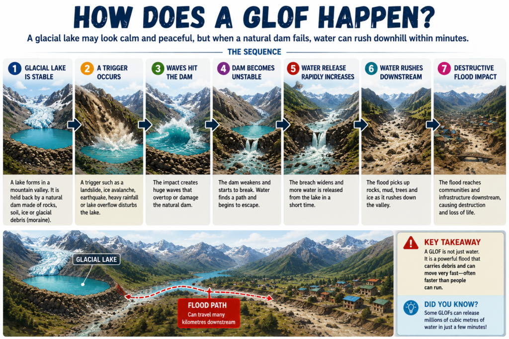 Diagram showing how a glacial lake outburst flood happens when a natural dam fails and water rushes downstream
