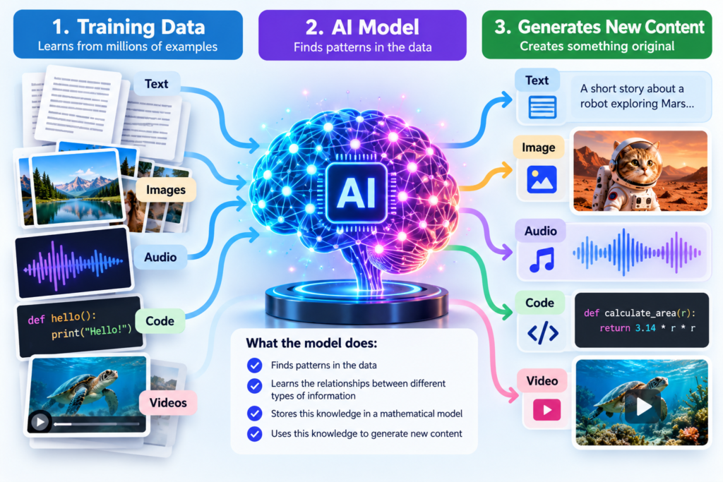 Infographic showing how generative AI learns from training data and generates new content