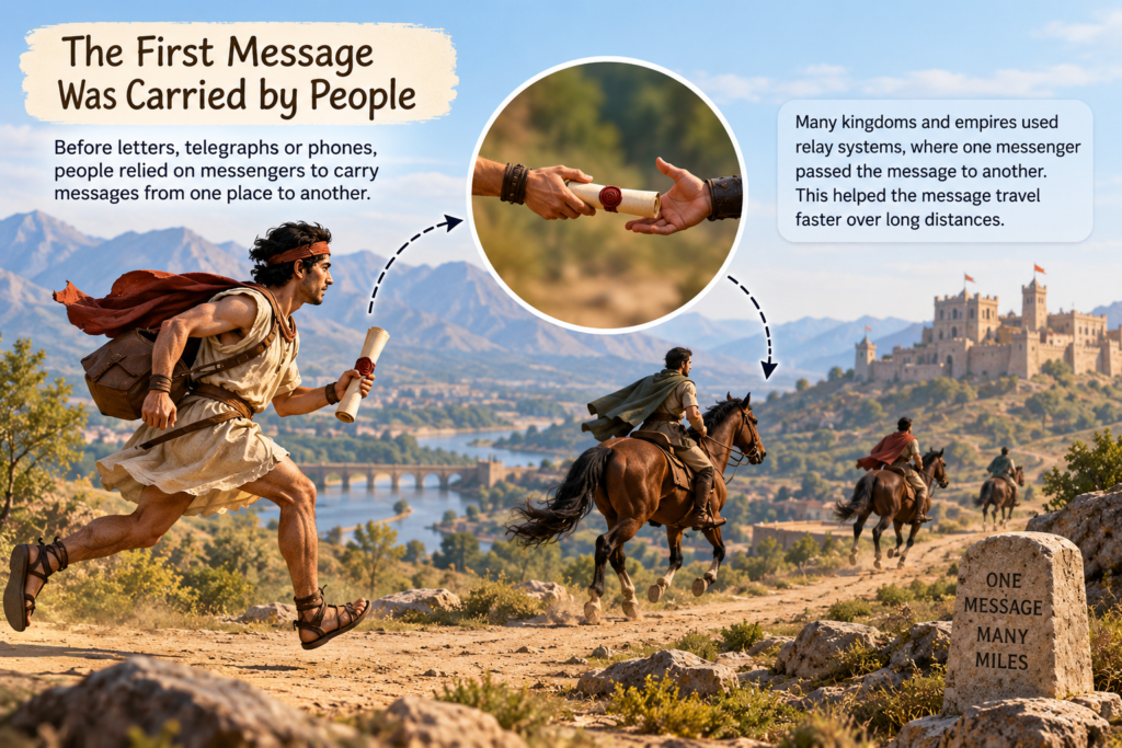 Ancient messenger carrying a message while relay riders pass it across long distances