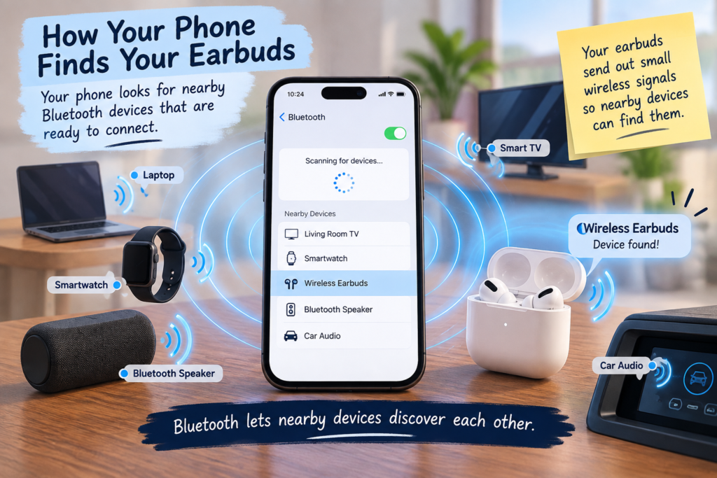 How a phone finds nearby Bluetooth earbuds