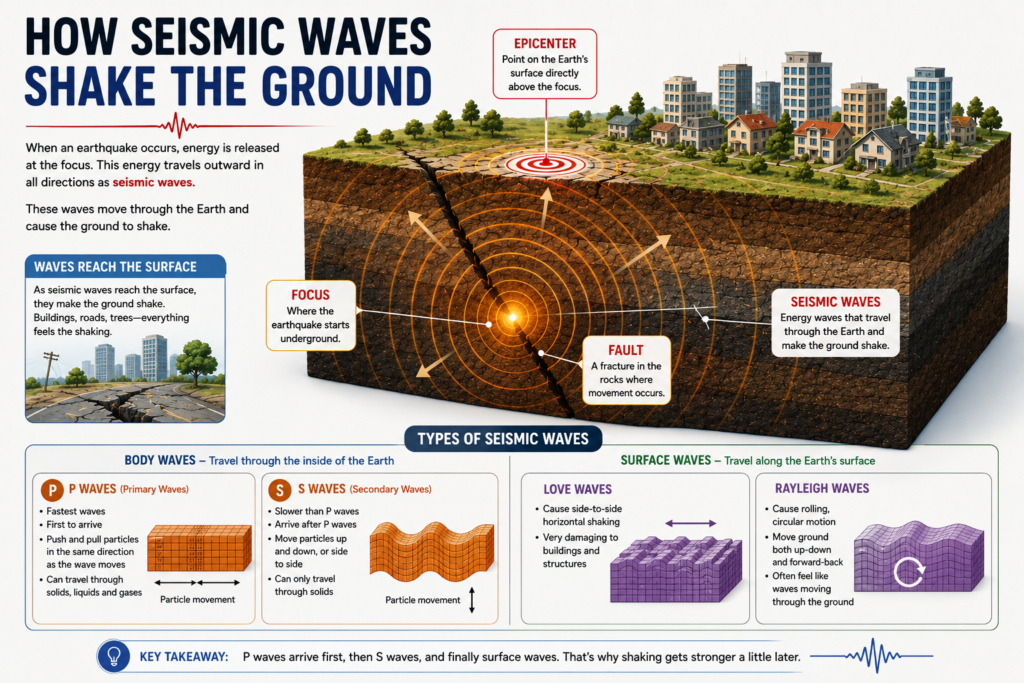 Seismic waves traveling from an earthquake focus through the Earth and shaking the ground