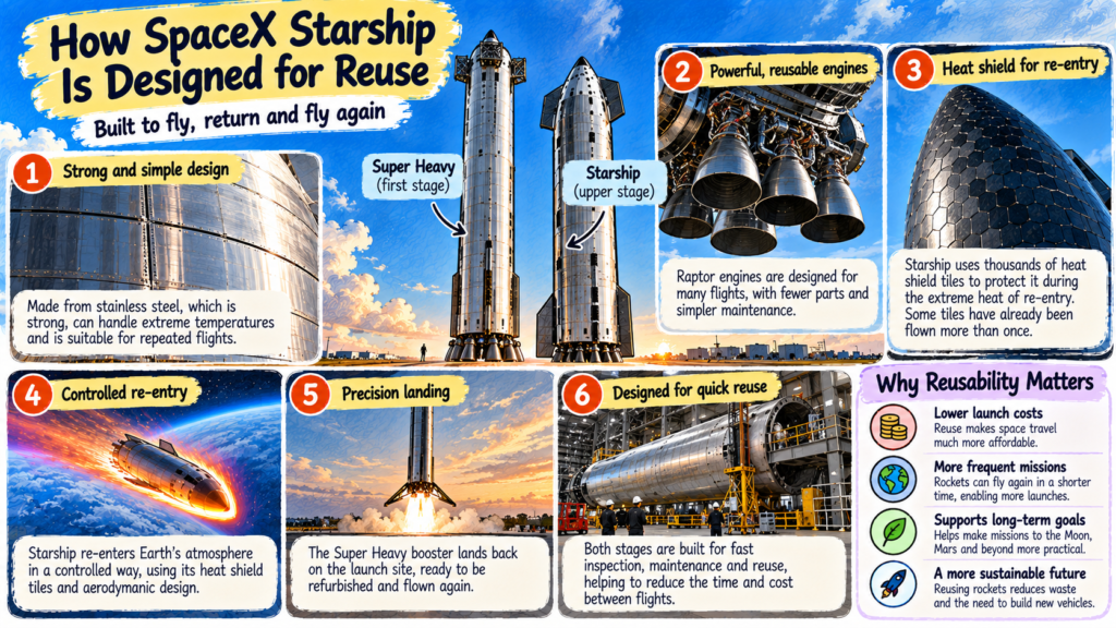 Illustrated diagram showing how SpaceX Starship is designed for repeated flights