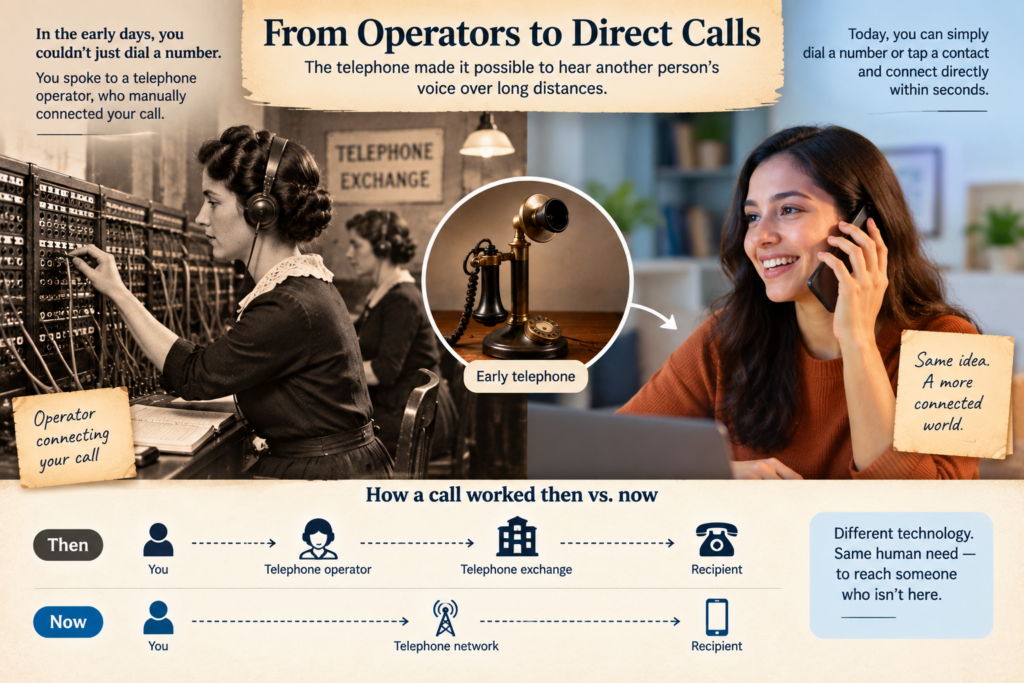 Early telephone operator connecting calls compared with making a direct call today