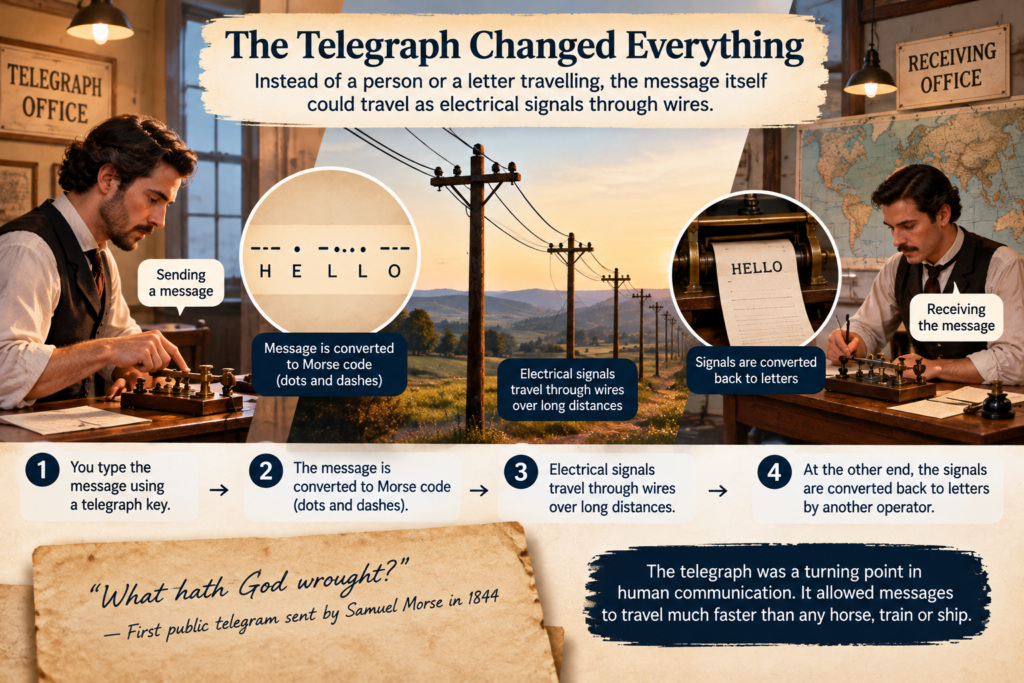 How the telegraph sent messages using Morse code and electrical signals through wires
