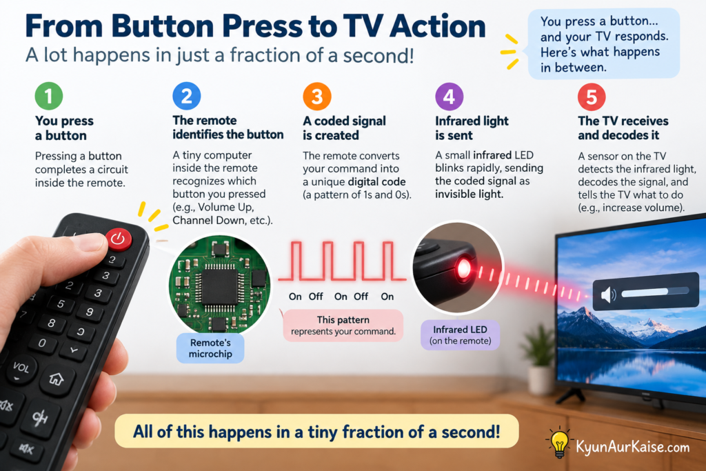 Diagram showing how a TV remote sends a coded infrared signal to a TV